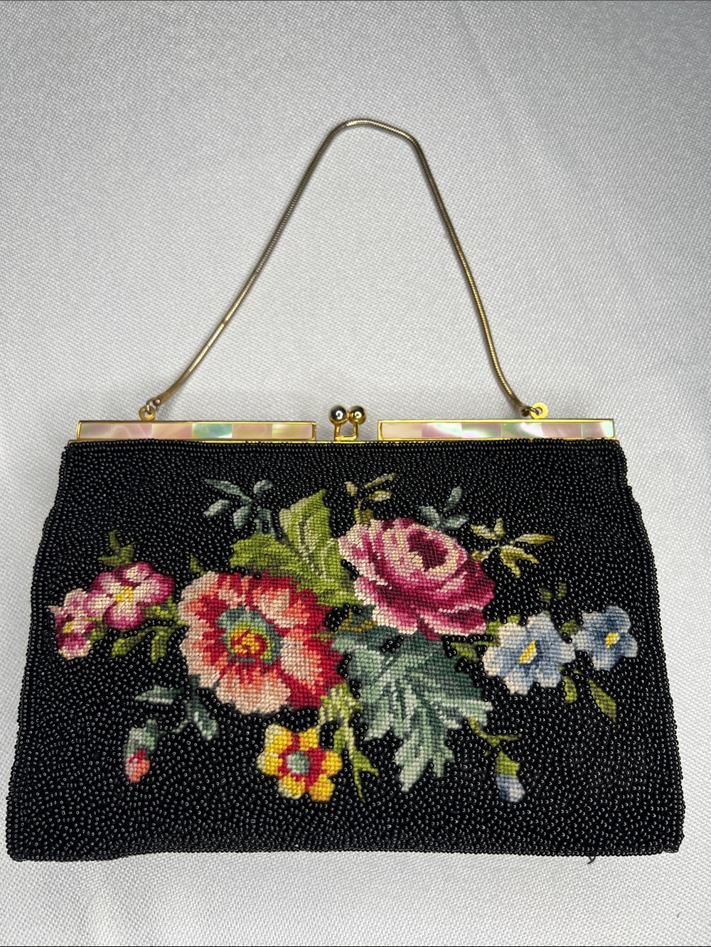 Vintage Black Glass Beaded Needlepoint Evening Clutch with Gold Frame/Handle